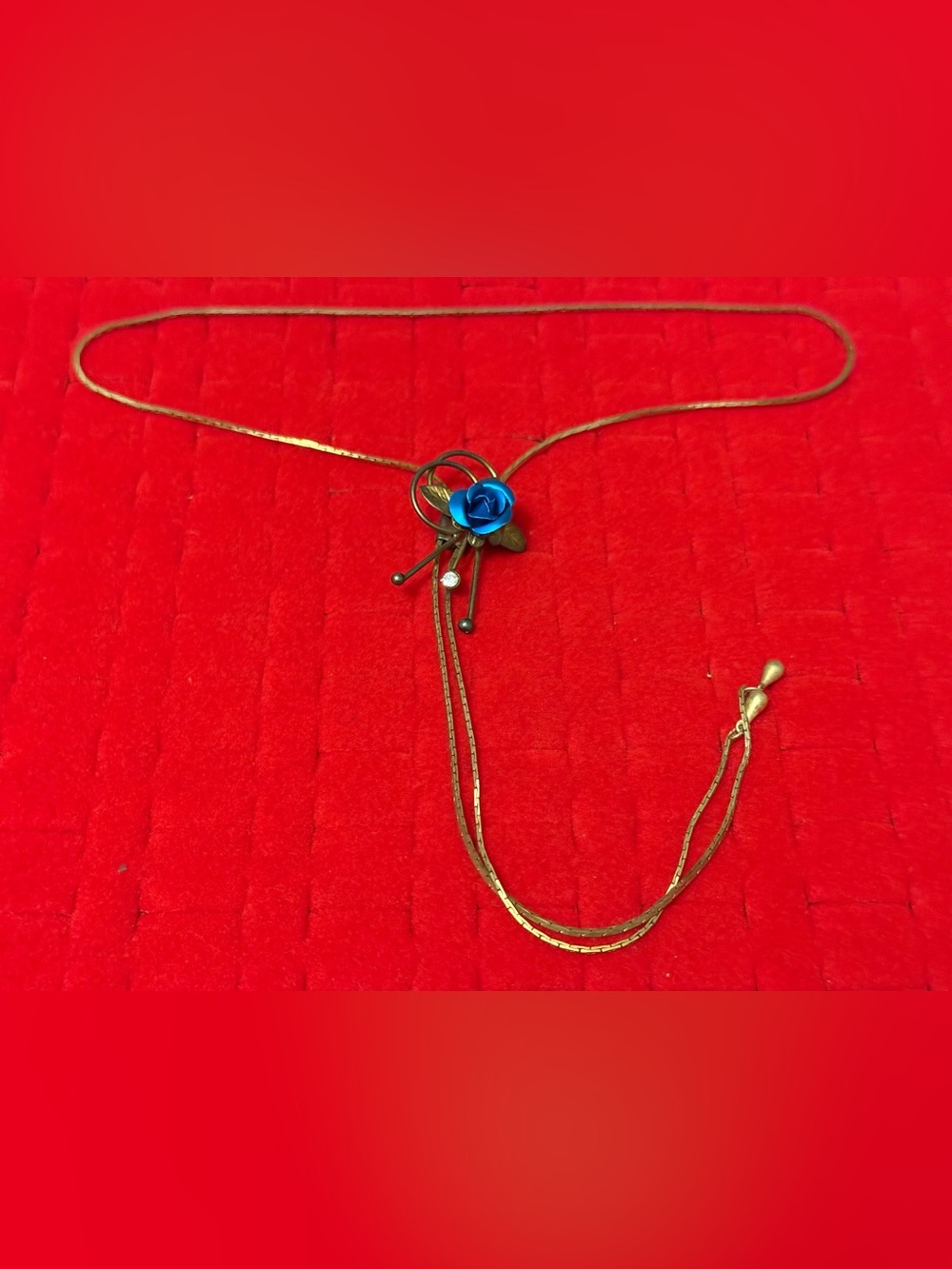 Vintage Slider Gold-tone Necklace with Blue Rose Pendant - Women Jewelry